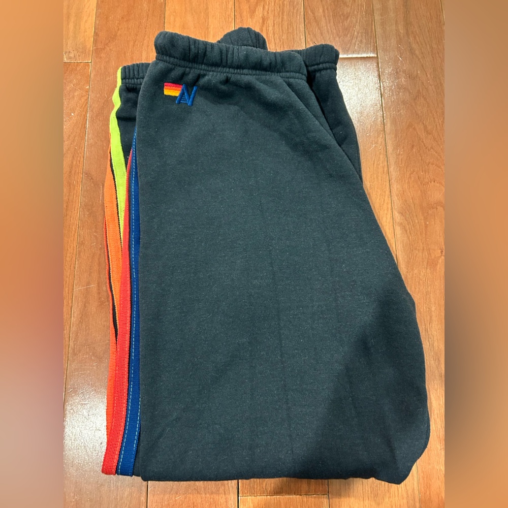 Aviator Nation Black Joggers with Rainbow Stripes
